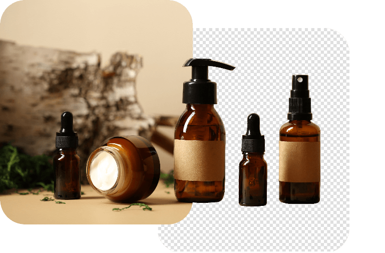 Imagen de producto de diferentes botellas con y sin fondo